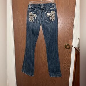 Miss me fleur-de-lis rhinestone embellished straight leg dark washed denim jeans